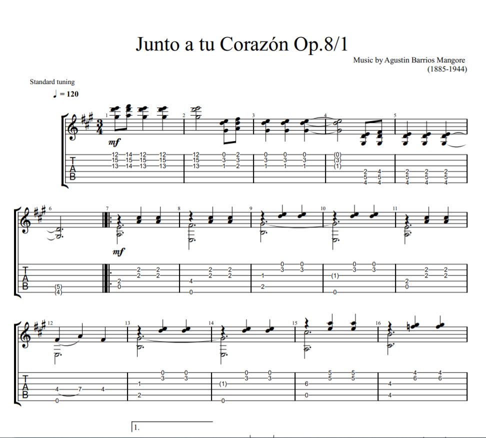 Junto a tu Corazón Op.8.1  sheet music fo guitar tab